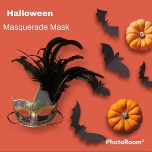 Masquerade Mask (Black,Gold,Silver) with Black Feathers